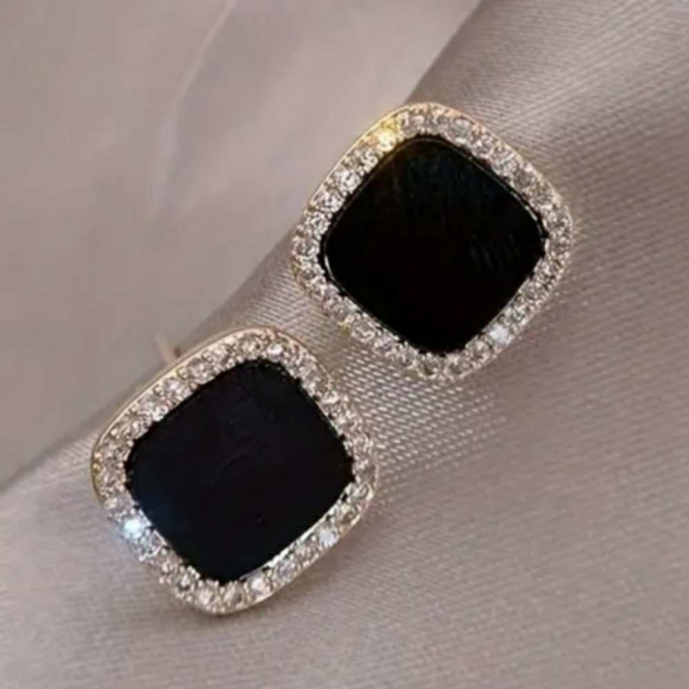 NEW Black Square Stud Earrings with Rhinstones
